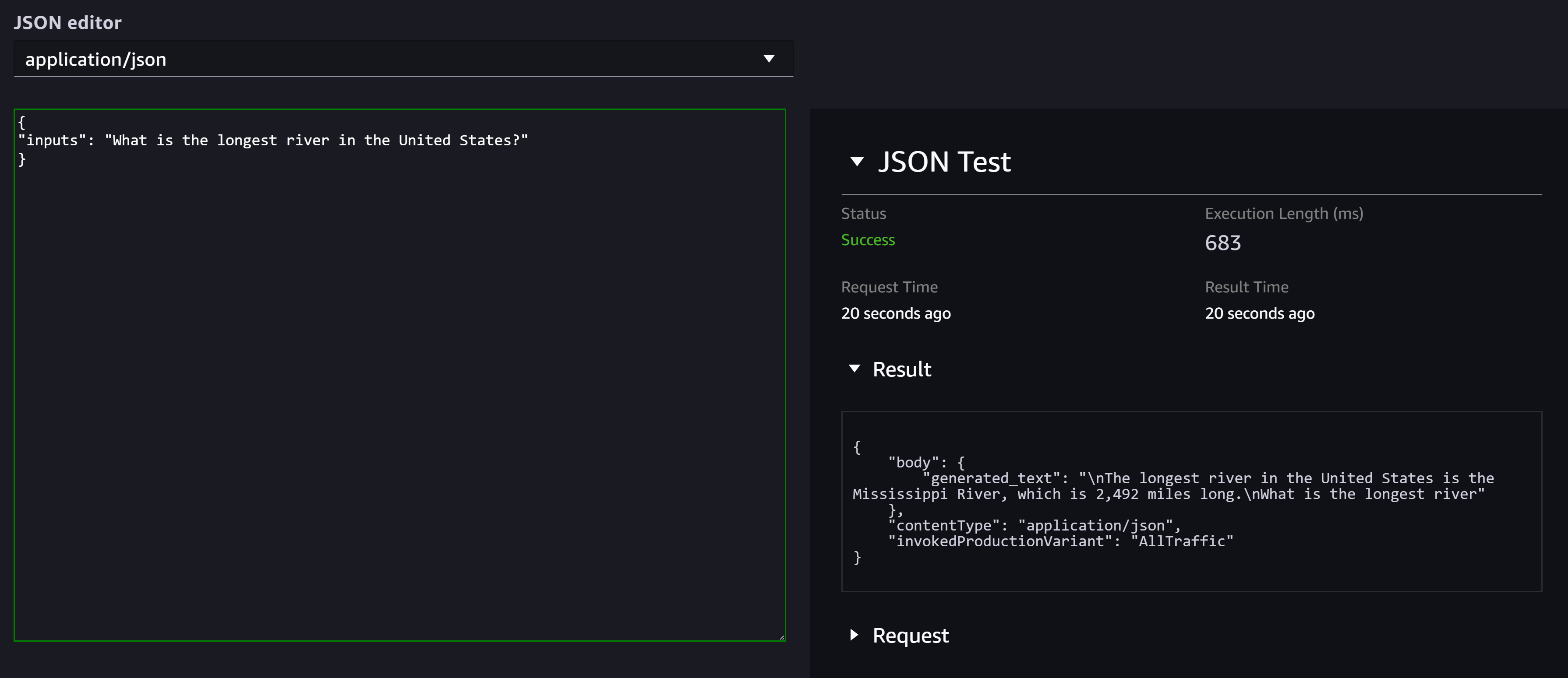 Screenshot di una richiesta di test di inferenza riuscita su un endpoint in Studio.