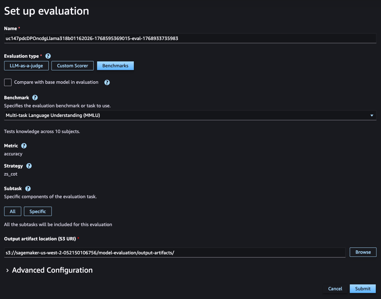 Passa alla posizione dell'artefatto di output (AWS URI S3)