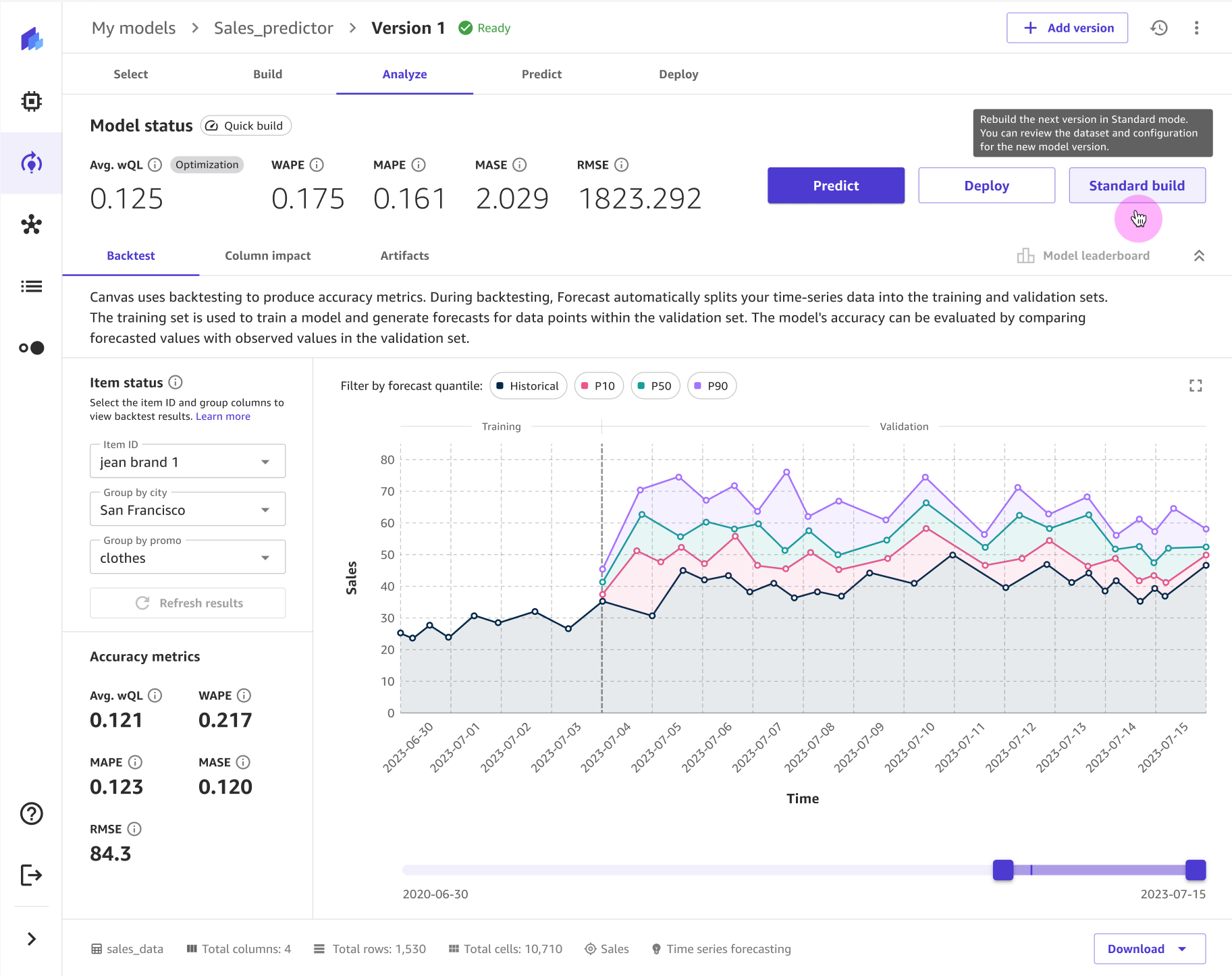 La scheda Analizza di un modello Canvas che mostra il pulsante della build standard.