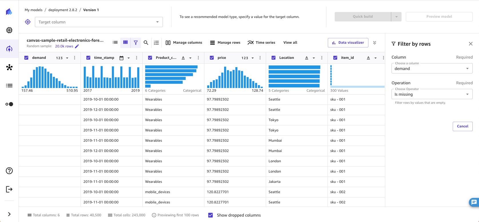 Schermata del filtro mediante l'operazione dei valori mancanti nell'applicazione SageMaker Canvas.