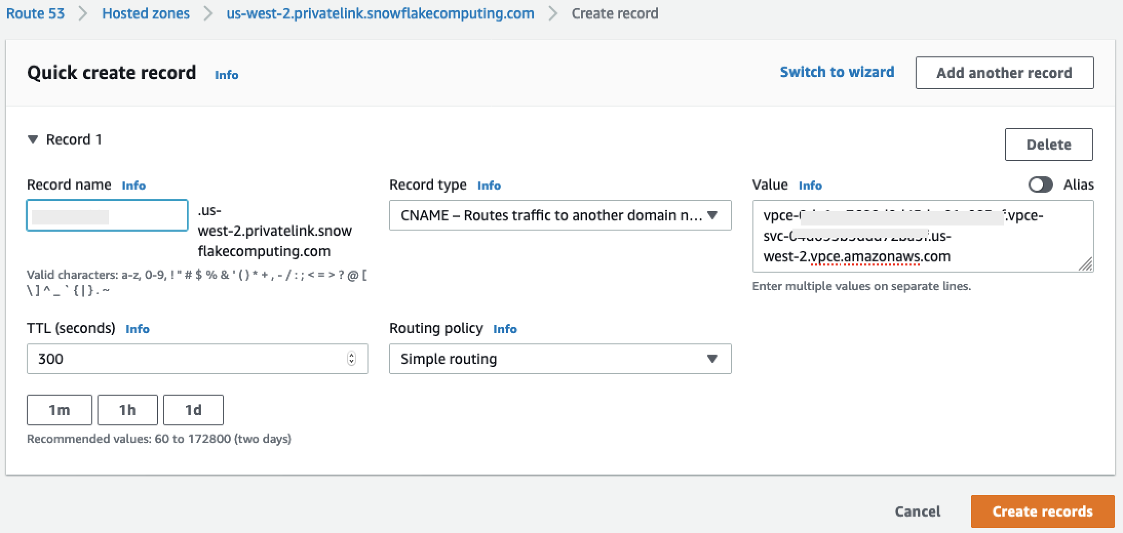 La sezione Creazione rapida di record nella console.