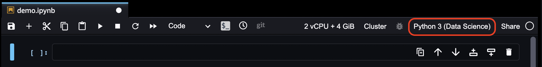 La posizione del kernel e dell’immagine correnti nella barra dei menu di un notebook Studio Classic.