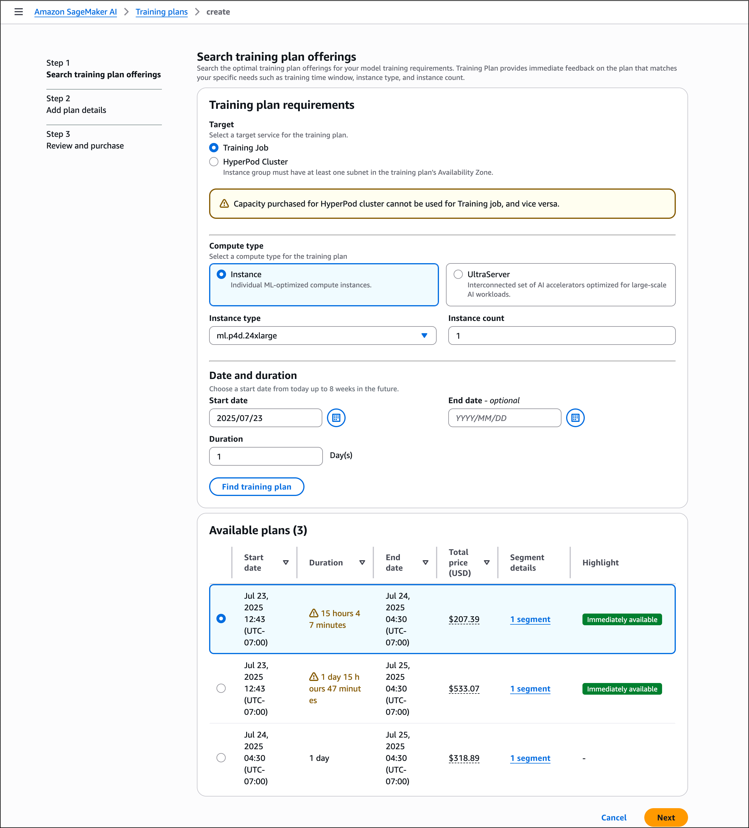 SageMaker La console di intelligenza artificiale mostra la pagina Cerca offerte di piani di formazione con campi di immissione per i requisiti del piano e la sezione Piani disponibili che mostra i dettagli di tre piani trovati con durate, prezzi e stato di disponibilità diversi.