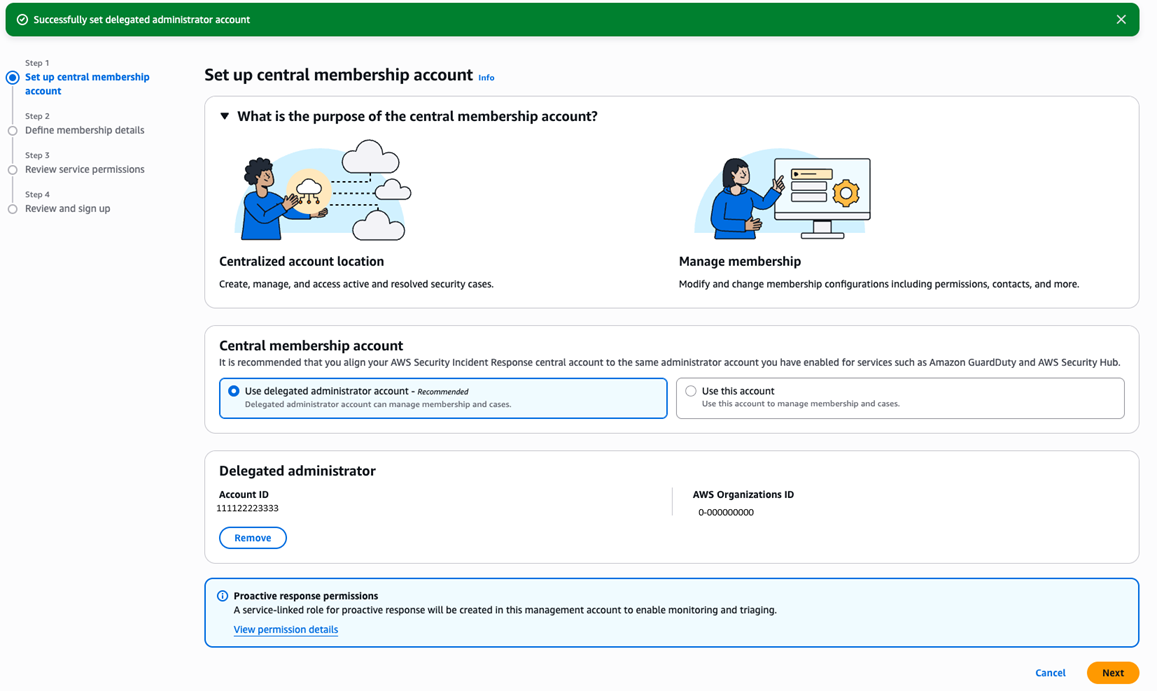 Configura la pagina centrale dell'account di iscrizione per la selezione di un account amministratore delegato.