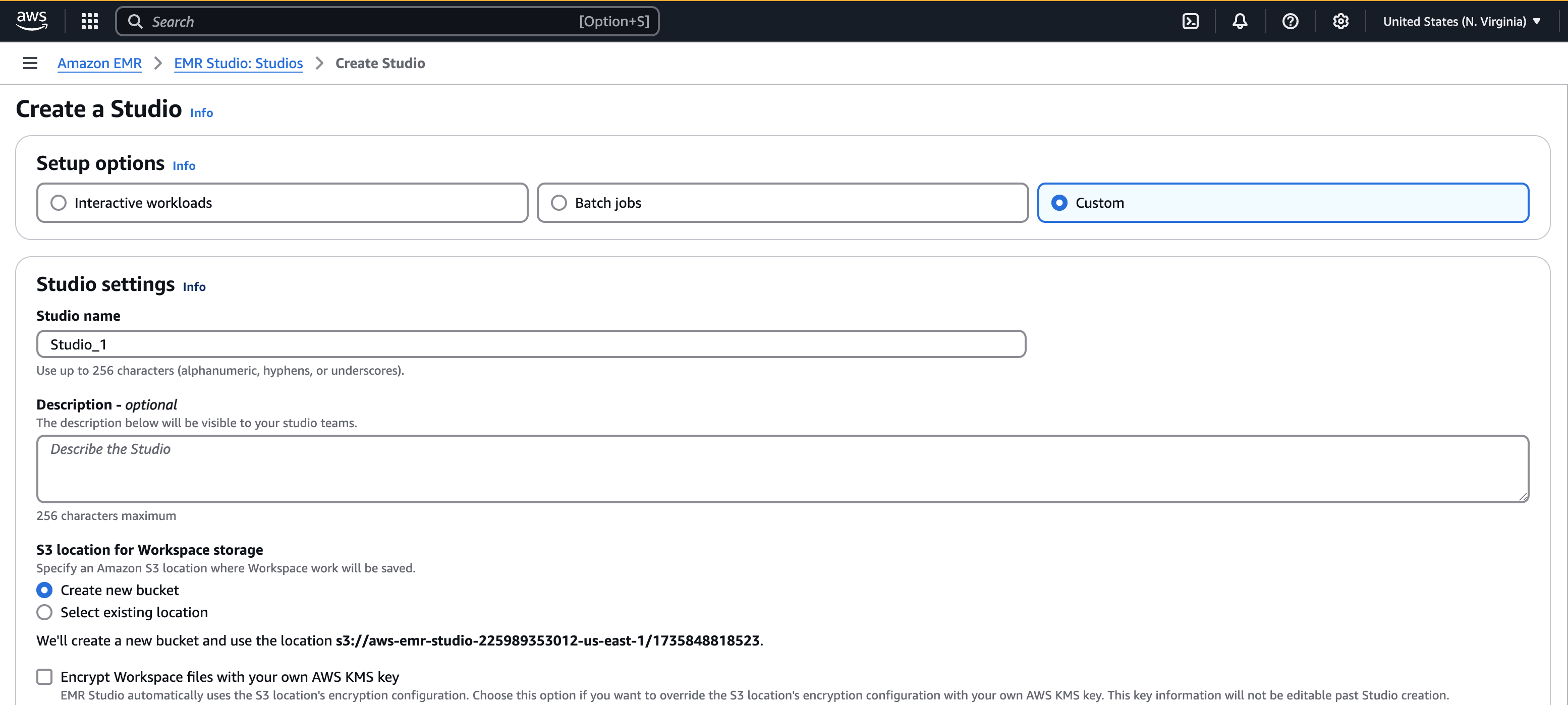 Fase 1 Creare EMR Studio nella console EMR.