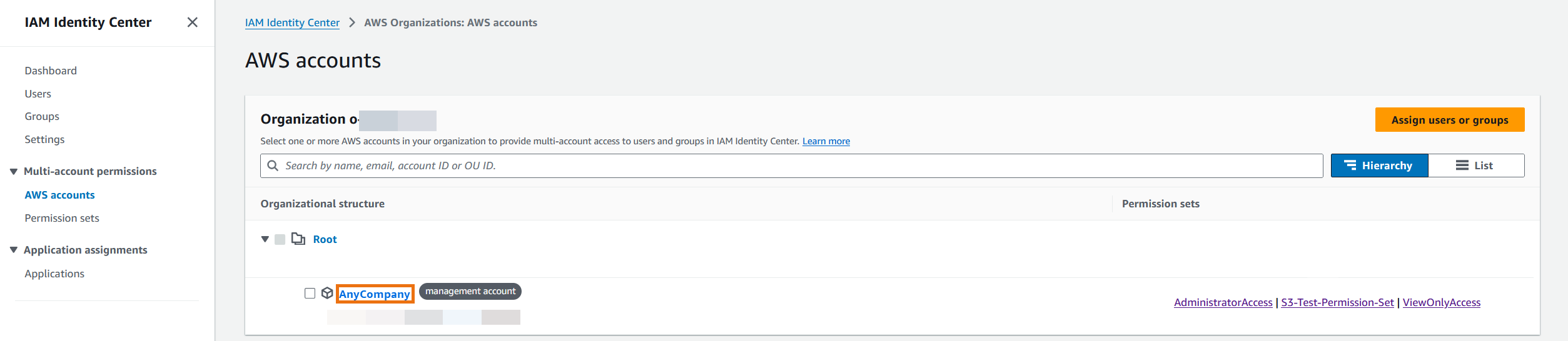 Account AWS scheda nella console IAM Identity Center.