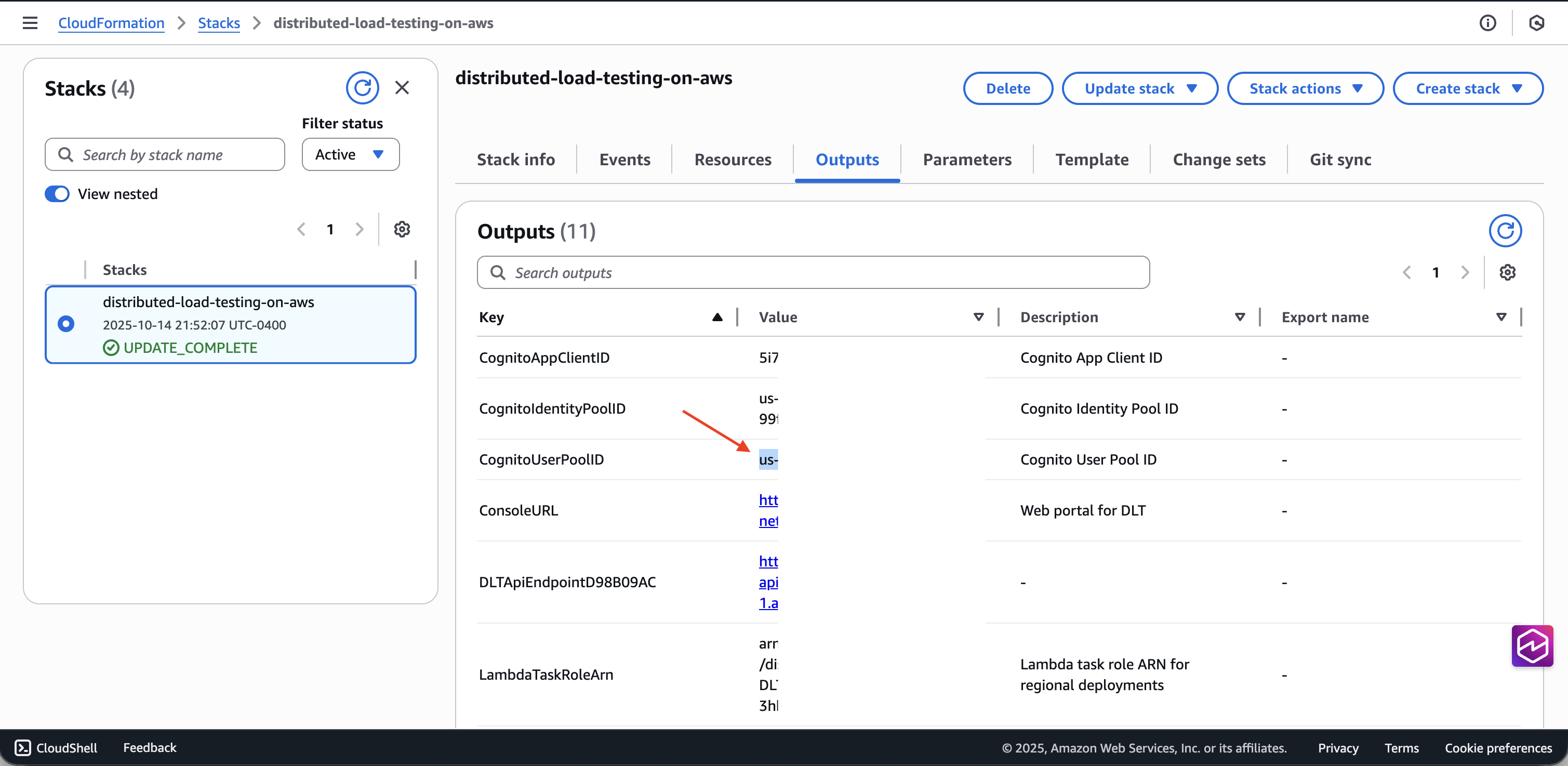 Pool di utenti DLT CloudFormation Cognito