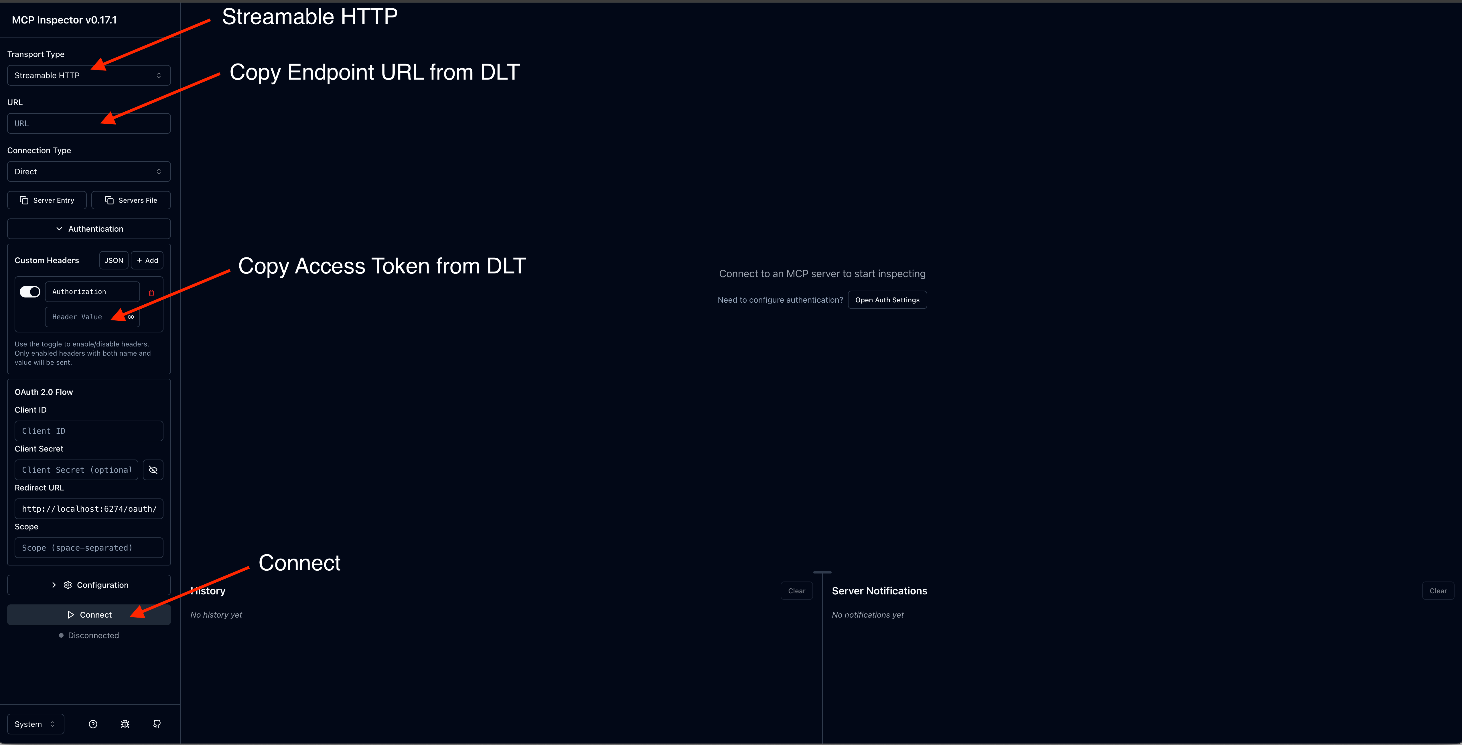 Schermata di configurazione MCP Inspector
