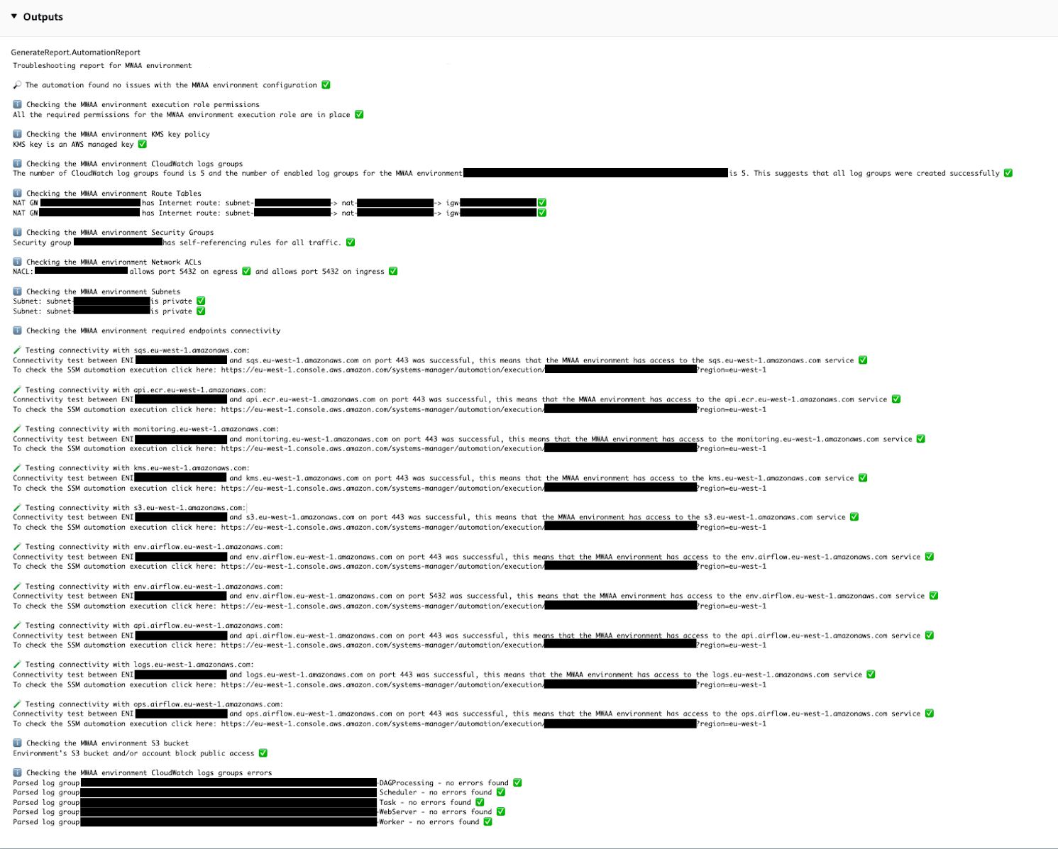 Troubleshooting report for MMAA environment showing successful checks and connectivity tests.