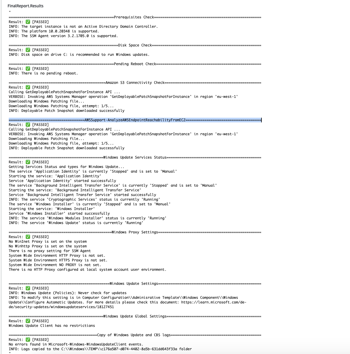 Final report results showing various system checks and statuses, all marked as PASSED.