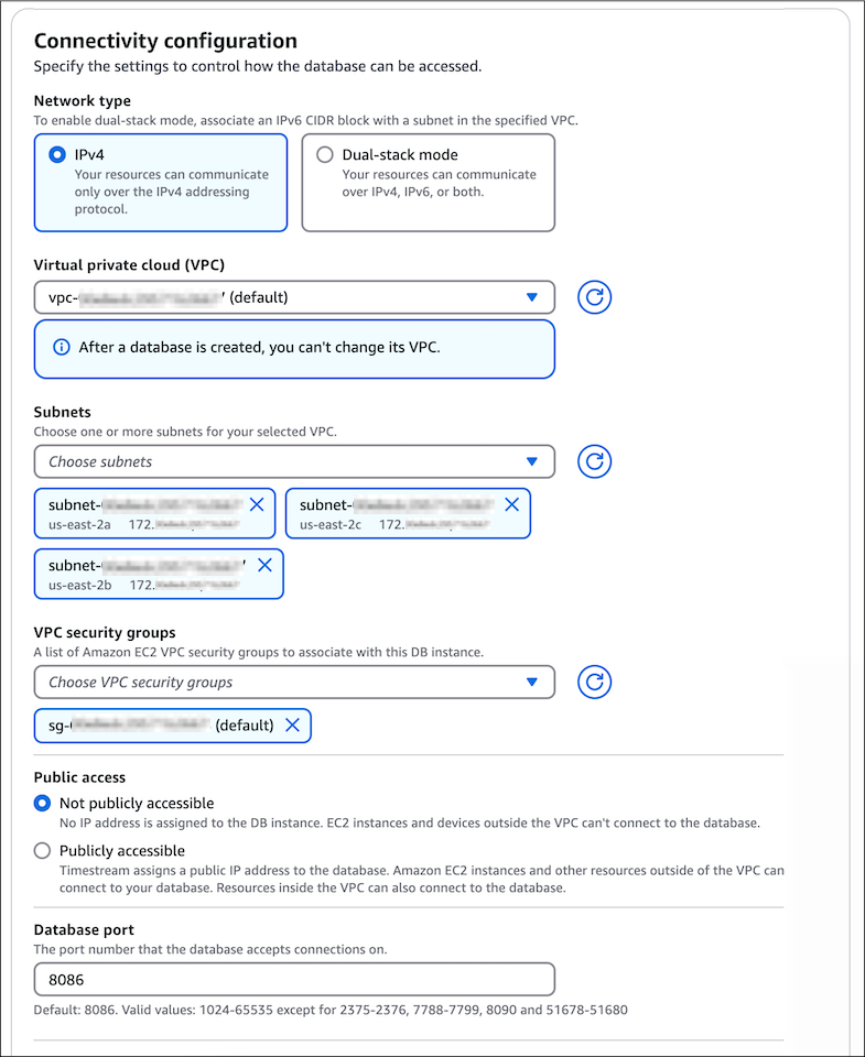 Connectivity configuration settings for database access, including network type, VPC, subnets, and security options.