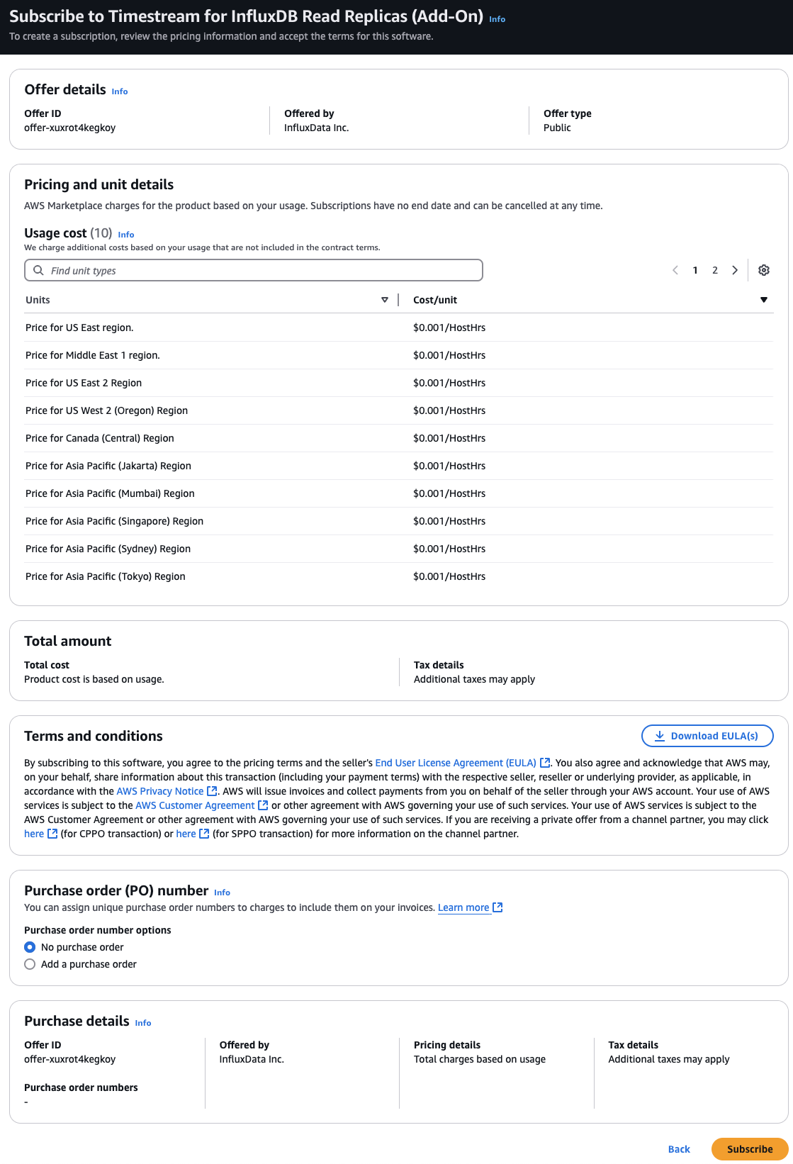 Dettagli sull'offerta e sui prezzi del componente aggiuntivo Timestream for InfluxDB read replicas.