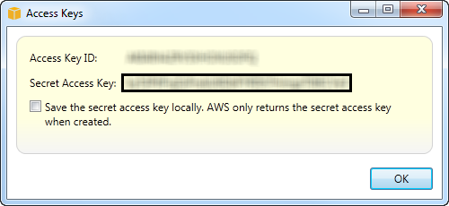 Access Keys dialog showing Access Key ID and Secret Access Key fields with an option to save locally.