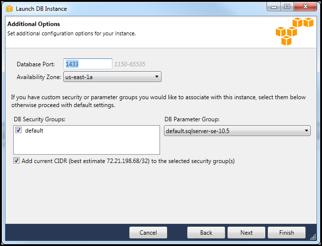 Launch DB Instance dialog showing database port, availability zone, and security group options.