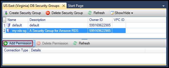 Security groups interface showing default and RDS groups with options to add or delete permissions.
