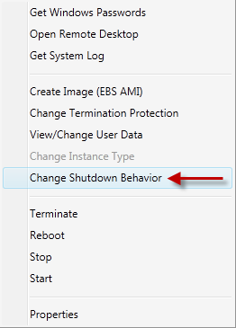 Context menu showing "Modifica Shutdown Behavior" option highlighted among other instance actions.