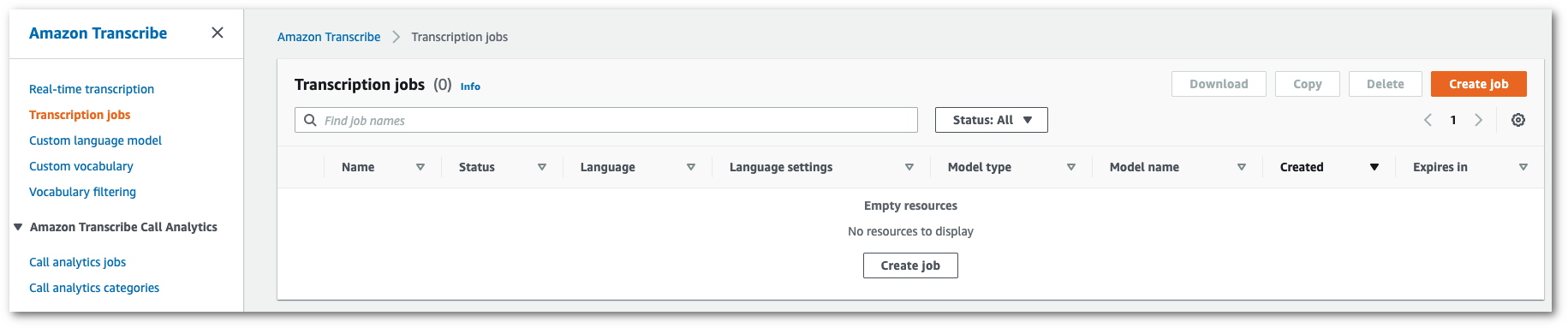 Amazon Transcribe schermata della console: la pagina dei «lavori di trascrizione».