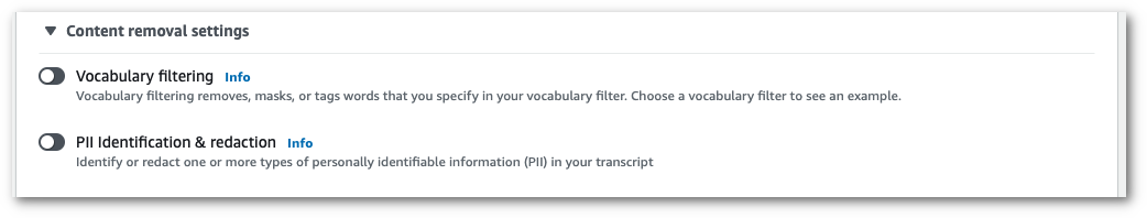 Amazon Transcribe schermata della console: il pannello espanso «impostazioni di rimozione dei contenuti».