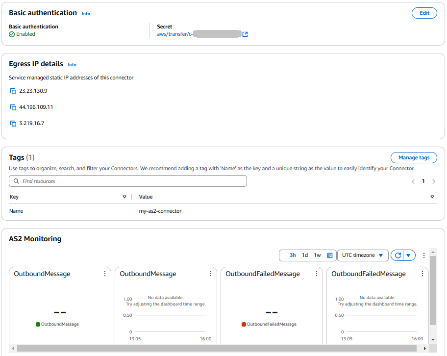 La pagina dei dettagli del connettore della console Transfer Family, che mostra i dettagli della sezione AS2 di autenticazione di base, i tag, l'IP statico e le informazioni di AS2 monitoraggio per il connettore selezionato.