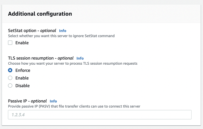 La schermata di configurazione aggiuntiva che mostra i SetStat parametri, ripresa della sessione TLS e IP passivo.