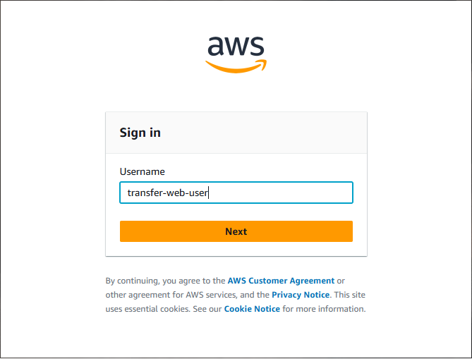 Schermata che mostra la schermata di AWS accesso.