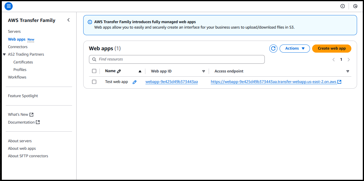 Schermata che mostra la dashboard delle app Web e la voce di menu per selezionarla dal pannello di navigazione a sinistra.