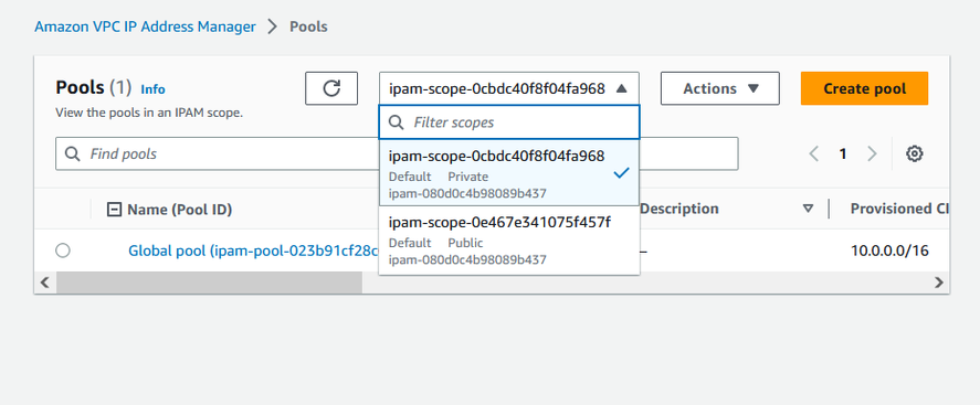 Scelta dell'ambito privato nella console IPAM.