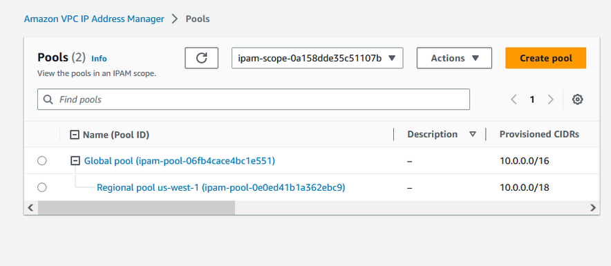 Visualizzazione dei pool con due pool nella console IPAM.