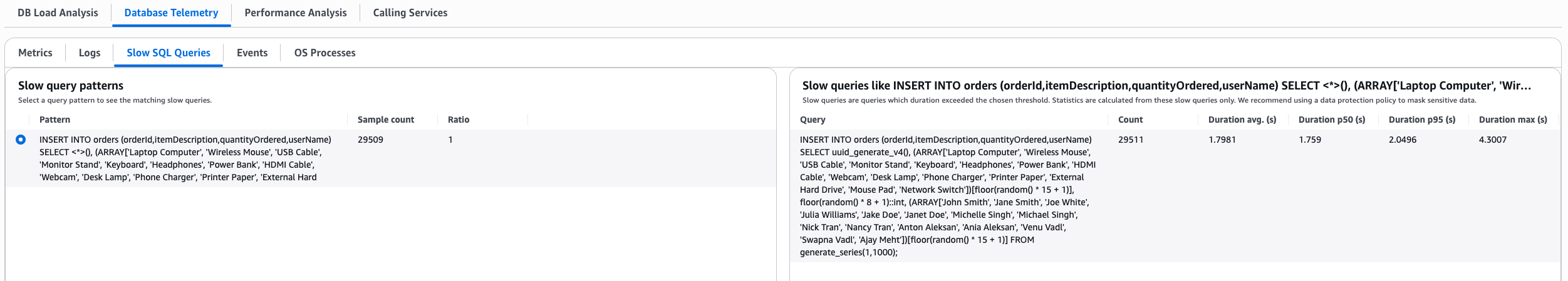 スロー SQL クエリの例に関する詳細を表示します