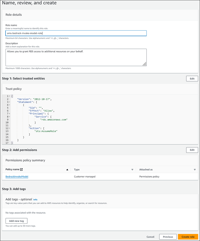 InvokeModel オペレーションの Amazon Bedrock の　IAM ロール。