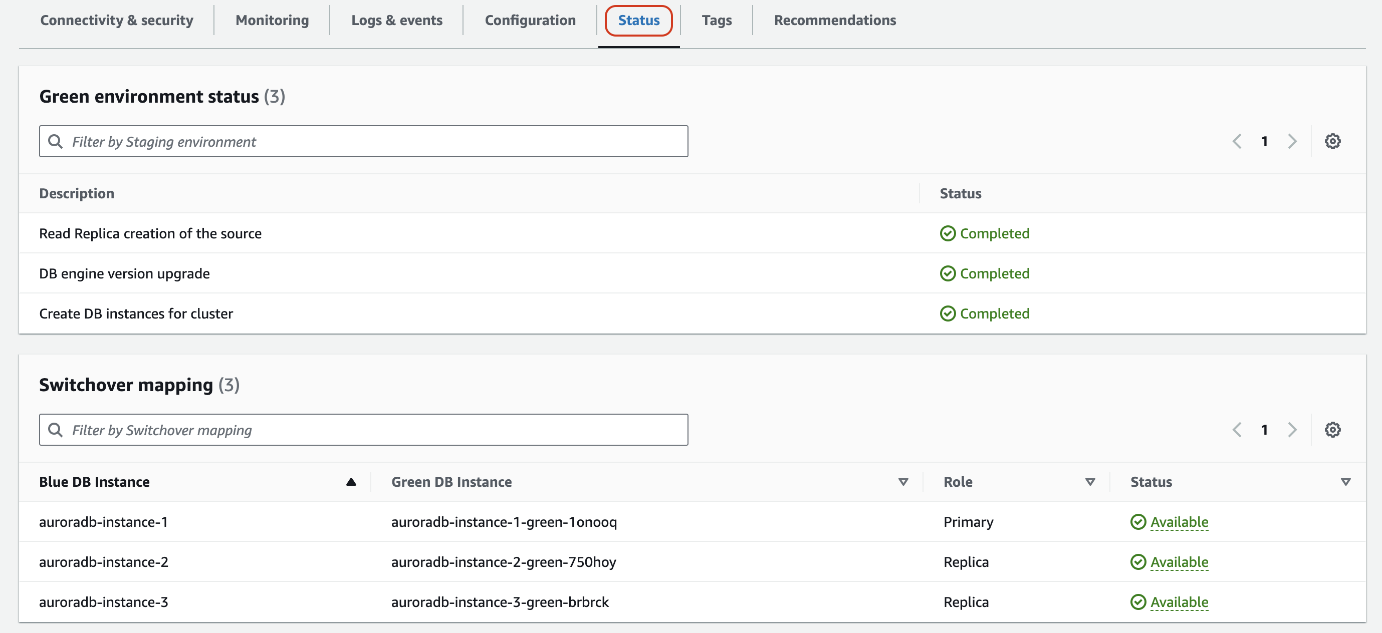 ブルー/グリーンデプロイのステータス