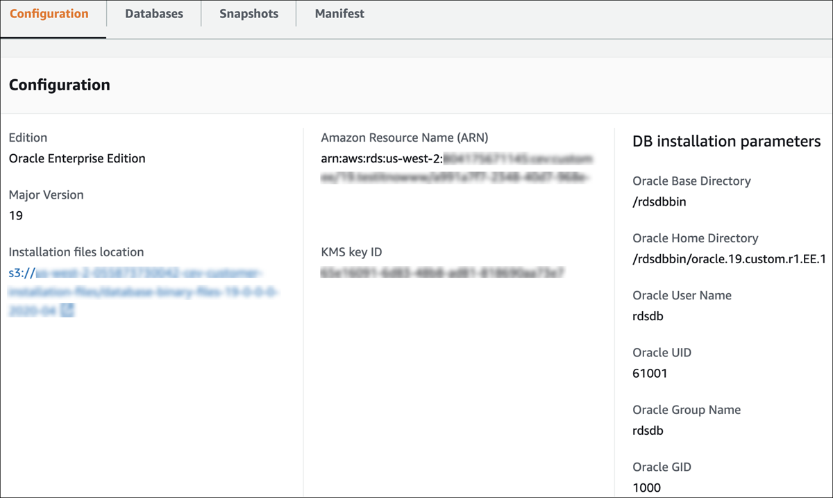 CEV のインストールパラメータが表示されます。