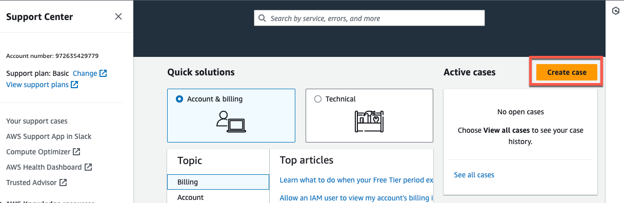 サポート Center interface with Quick solutions, Active cases, and Create case button.