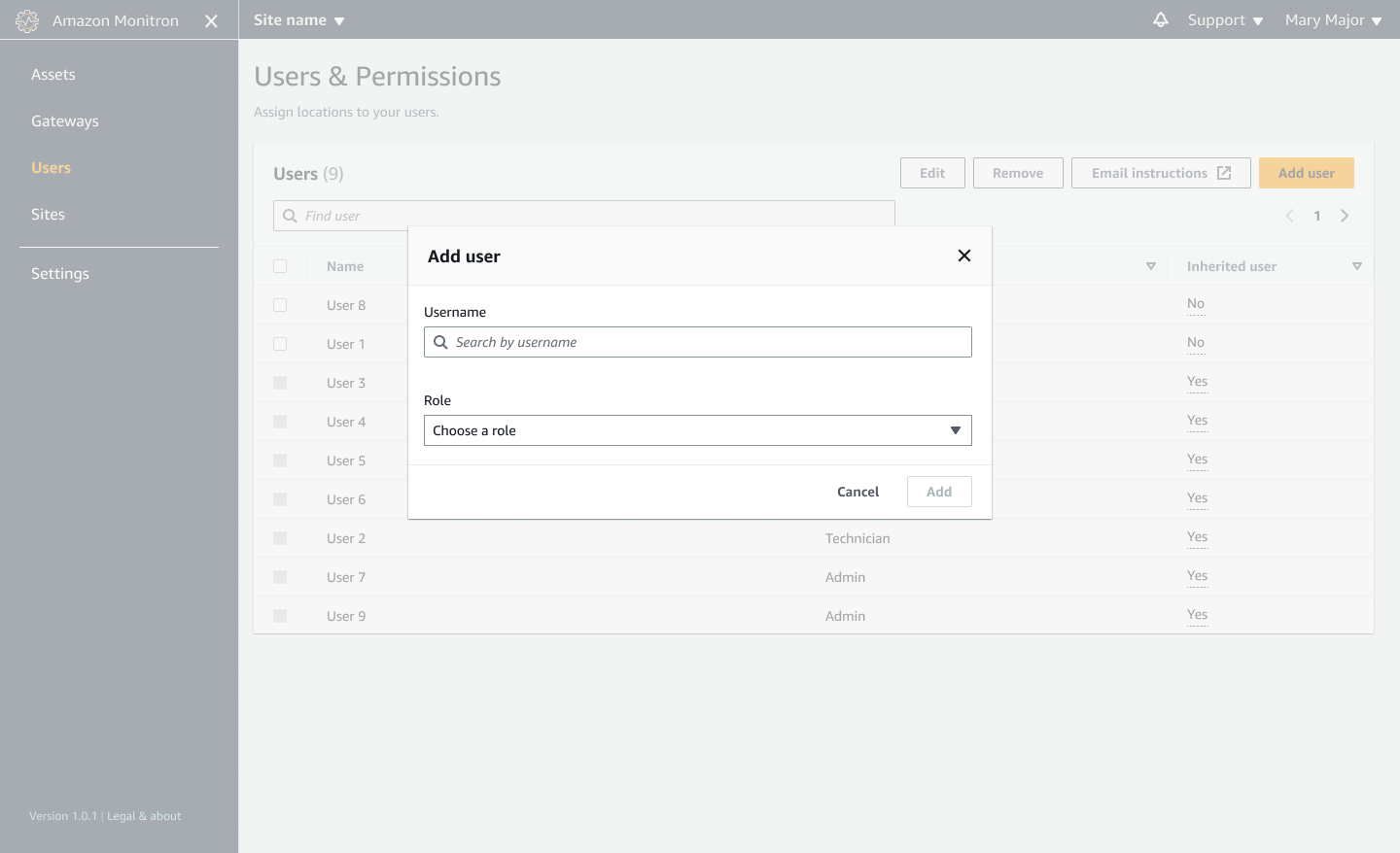 Users & Permissions interface with a list of users and an "Add user" dialog box.
