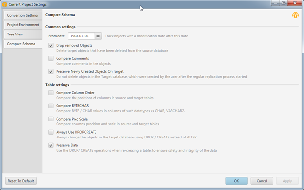 [Schema compare settings] (スキーマの比較設定)