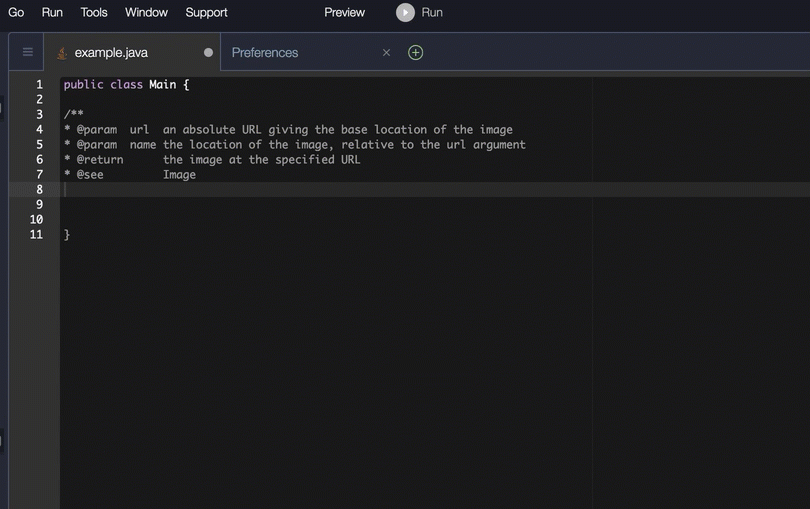 Javadoc に基づくコード補完の例。