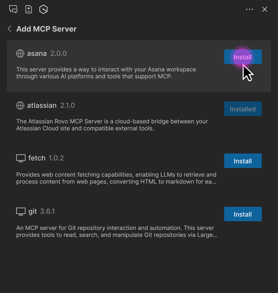 レジストリで定義された MCP サーバーの追加を示すスクリーンショット。