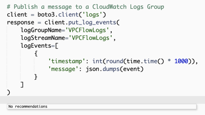 Amazon Q の推奨のみに基づいて CloudWatch Logs ロググループにメッセージを発行するコードブロックの実装が完了したことを示すスクリーンショット。