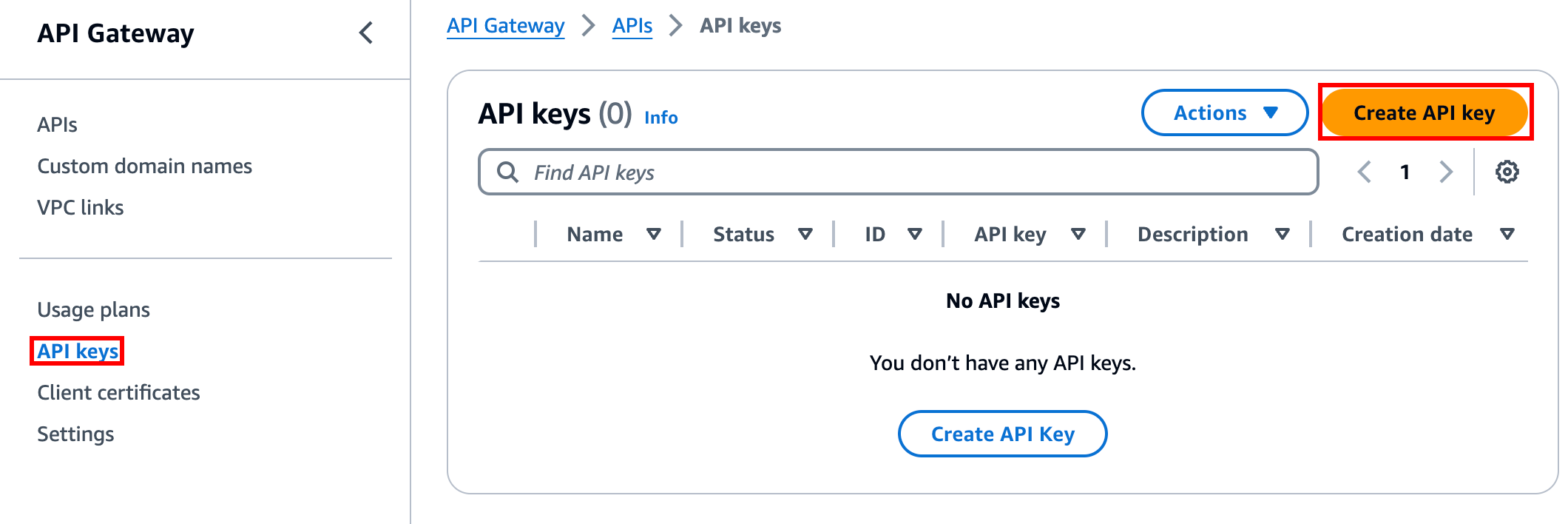 使用量プランの API キーの作成