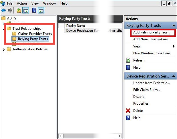[Add Relying Party Trust] (証明書利用者の信頼を追加) を選択します。