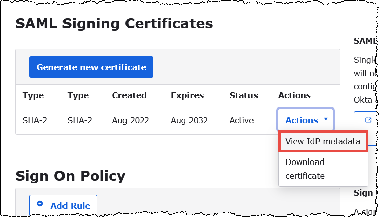 IdP メタデータを、ローカルの XML ファイルに保存します。