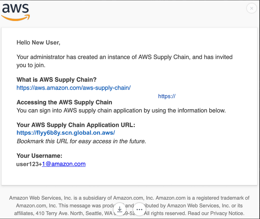 Welcome message for new AWS Supply Chain user with login information and application URL.