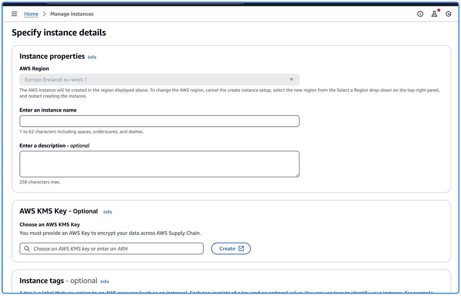 Instance properties form with fields for AWS region, instance name, description, and KMS key.