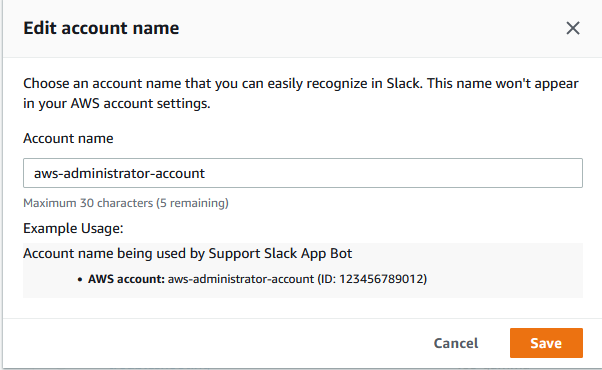 Slack の AWS サポート アプリに表示されるようにアカウント名を編集する方法について示したスクリーンショット。
