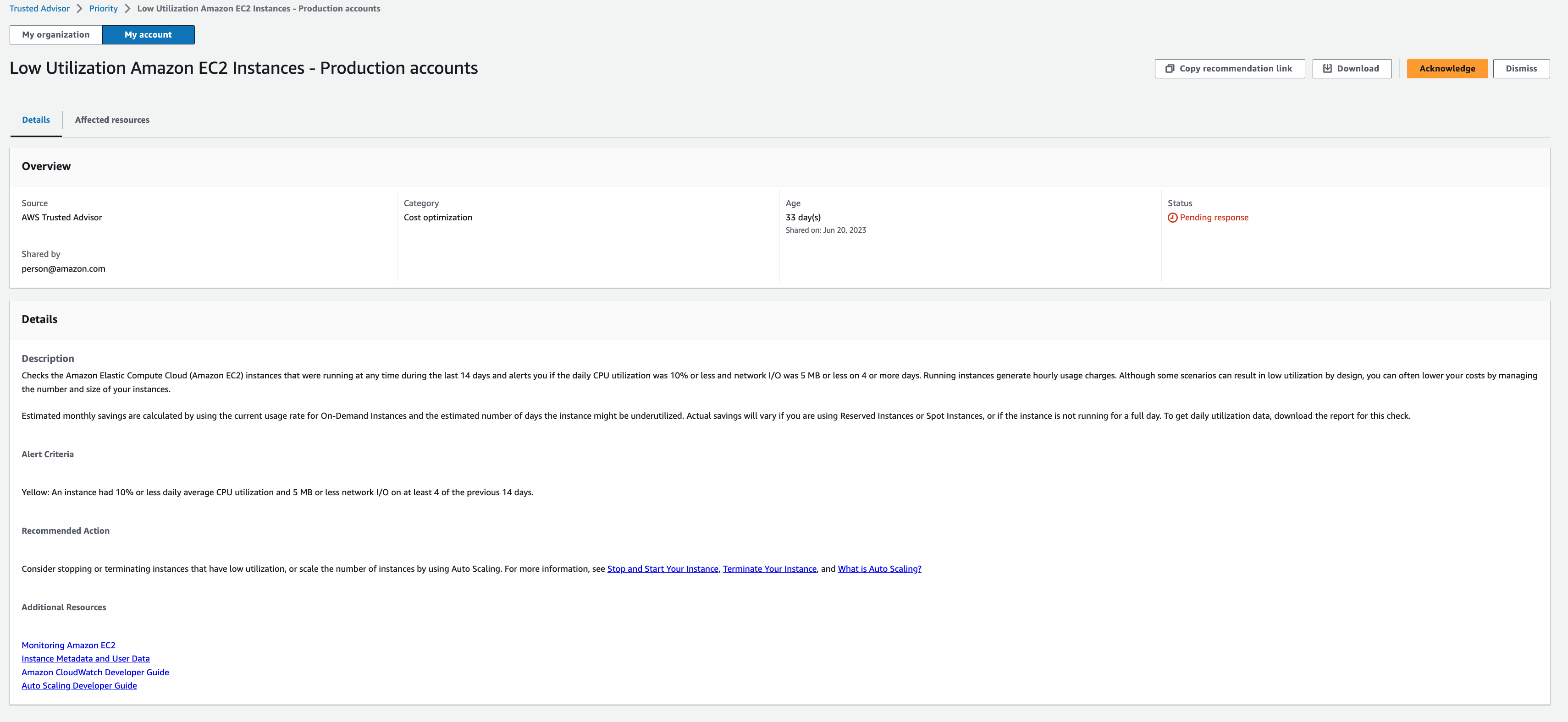 レスポンスを保留している Trusted Advisor Priority コンソールページのレコメンデーション。