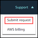 Submit リクエストと AWS Billing コマンドを示すサポートメニュー。