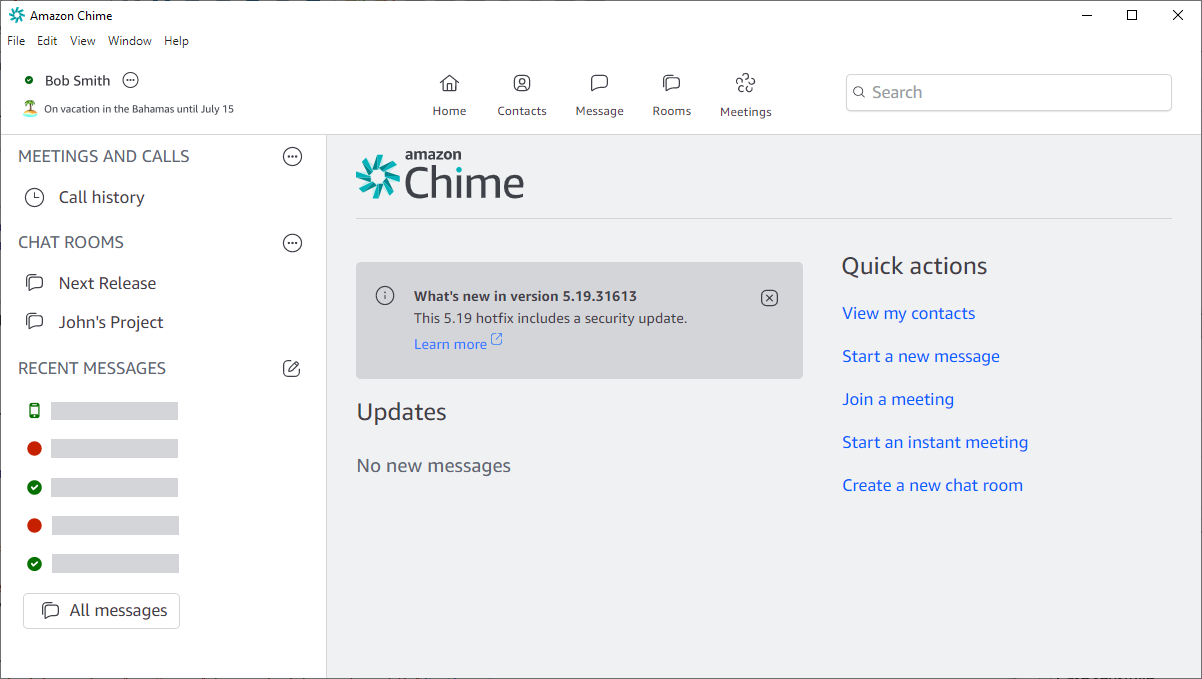 Amazon Chime の Home ウィンドウ。