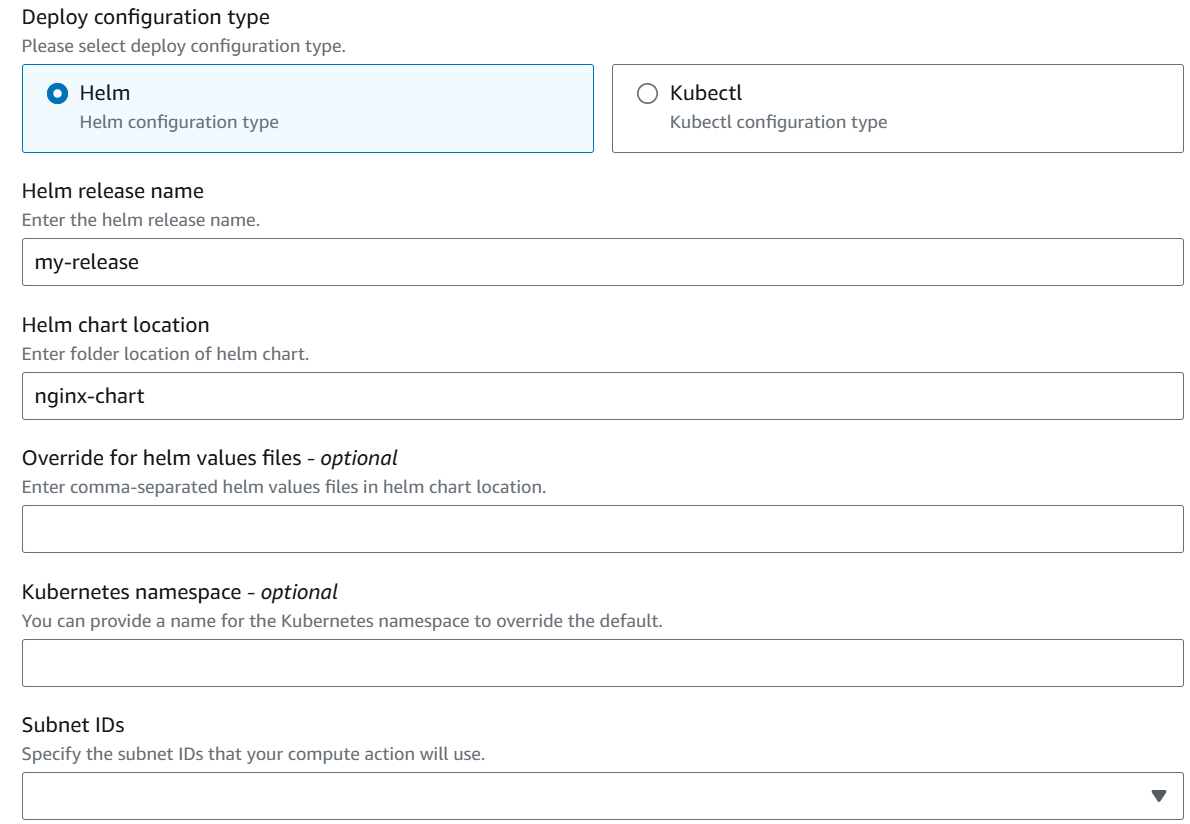 Deploy configuration form with Helm selected, showing fields for release name and chart location.
