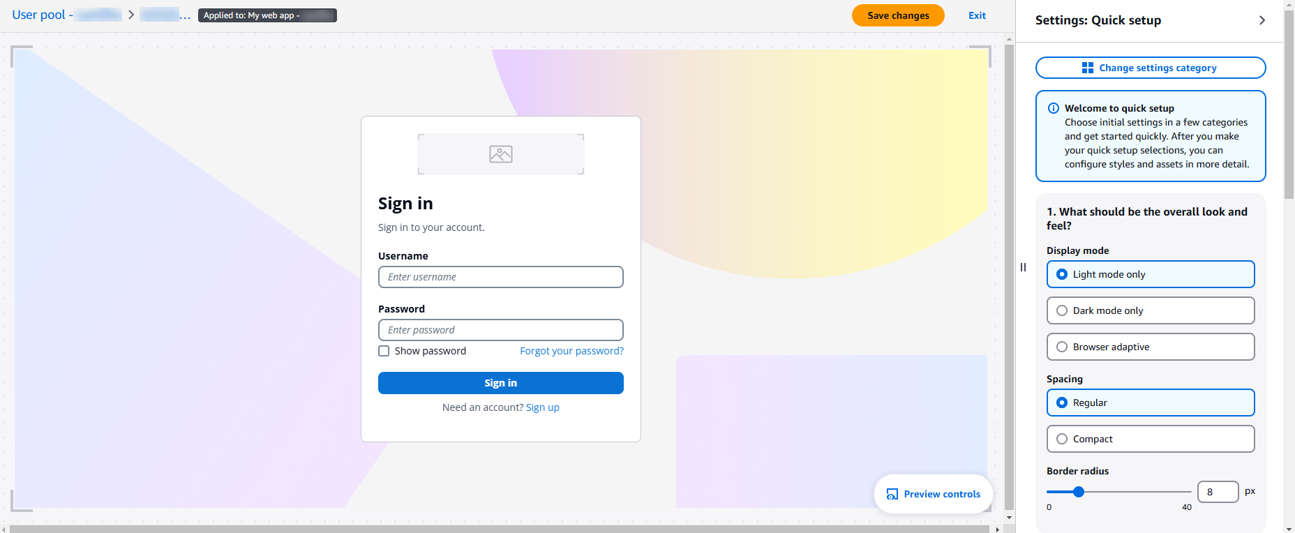Amazon Cognito ユーザープールのブランディングエディタビジュアルエディタのプレビュー。