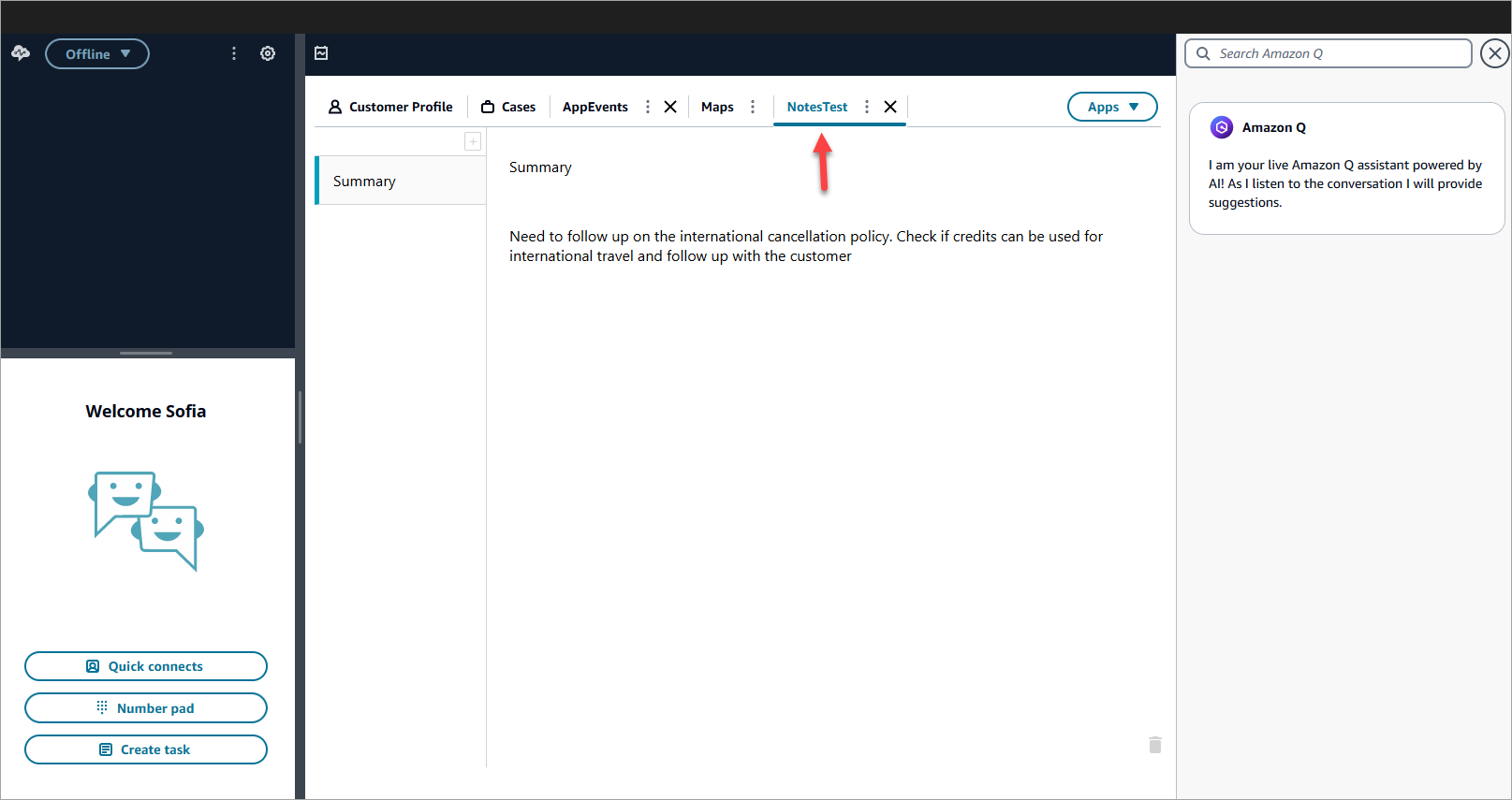エージェントワークスペースにピン留めされたサードパーティーアプリ NoteTest。